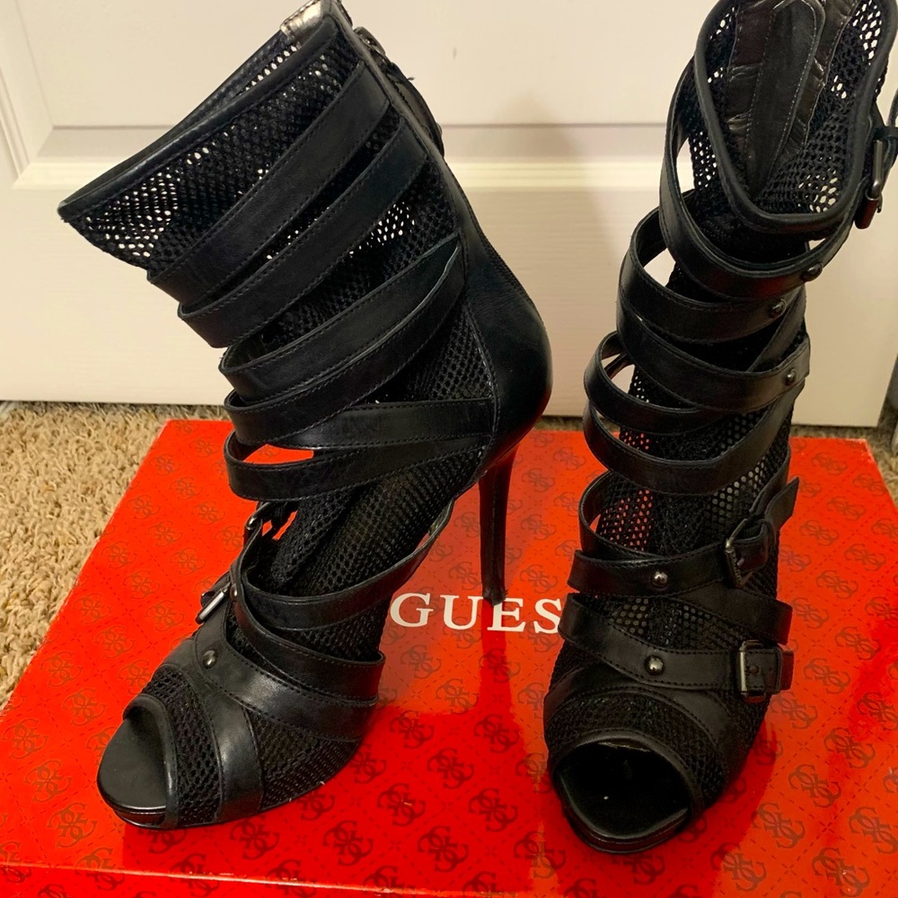 Black gladiator styled heeled bootie